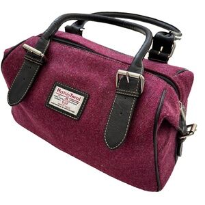Stunning Harris Tweed Satchel Pink Wool Bag, Black Leather, Made in Scotland